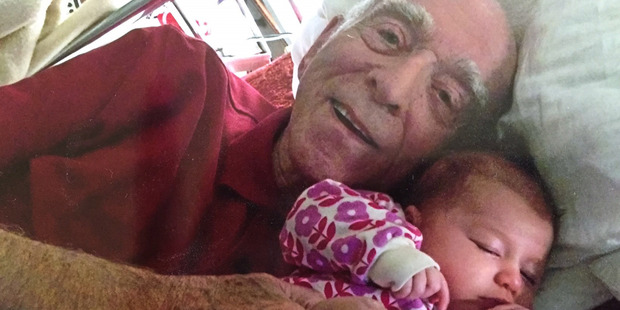 The author's father, John T. Harrington meeting his last great granddaughter, Libby M. Myers. Photo / Family photo