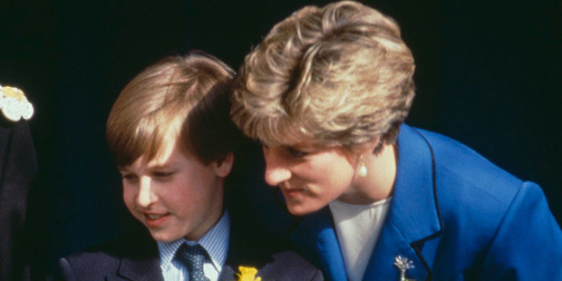 The Princess of Wales with her son Prince William at his first official engagement in Cardiff, 1991. Photo / Getty
