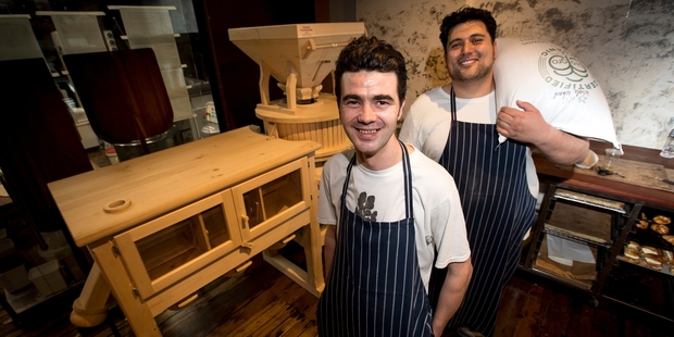 Head baker Dan Cruden, left, and senior backer Paul Leaming at Stone Mill at Amano Bakery. Photo / Dean Purcell