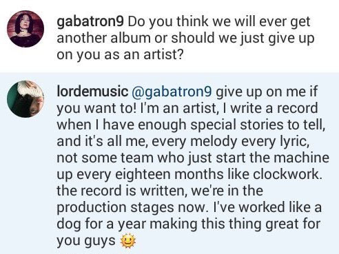 Lorde's now-deleted Instagram message to a fan.