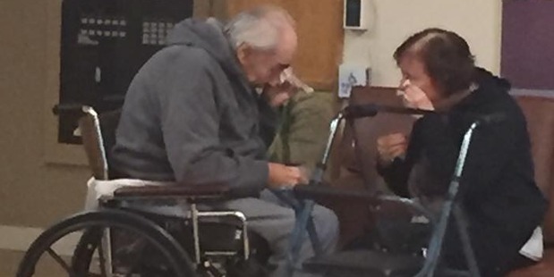 Heartbreaking: A photo of Wolf and Anita Gottschalk wiping away tears during a visit to see one another has struck a chord on Facebook. Photo / Facebook