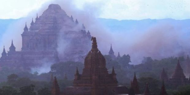 The ancient Sulamani temple is seen shrouded in dust as a 6.8 magnitude earthquake hit Bagan in Myanmar on August 24, 2016. Photo / AFP
