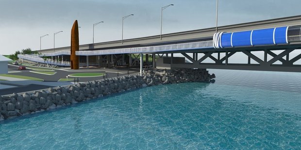 A computer-generated image of the proposed SkyPath cycleway and pedestrian footbridge on the Auckland Harbour Bridge shows the southern end of the route. Photo / File