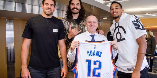 Oklahoma City Thunder players Nick Collison, Steven Adams and Andre Roberson pose with John Key. Photo / Facebook.