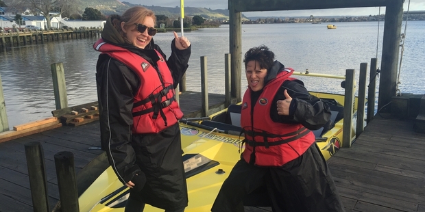 Natasha Utting and Anika Moa about to board the boat in Rotorua.