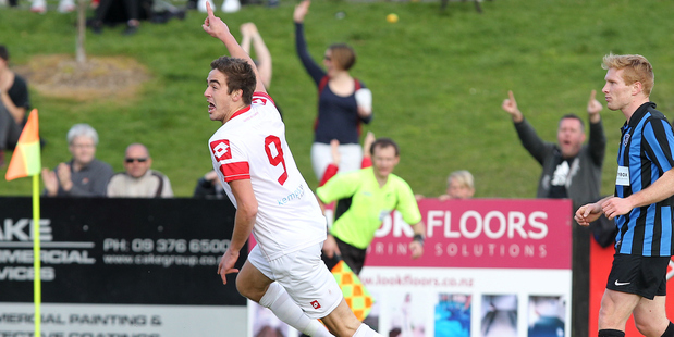 Birkenhead's Ethan Galbraith celebrates scoring. Photo / Photosport
