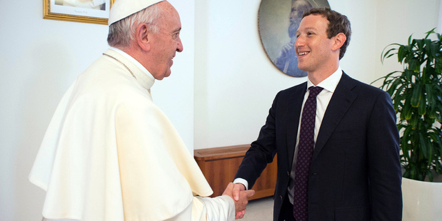 Pope Francis meets Facebook founder and CEO Mark Zuckerberg, at the Santa Marta residence where the Pope lives. Photo / AP