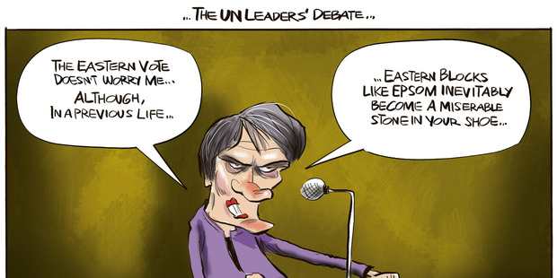 Helen Clark and the UN debate for candidates for Secretary-General. Cartoon by Rod Emmerson.