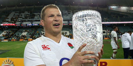 Dylan Hartley, the England captain raises the Cook Cup after their victory during the International Test match against Australia. Photo / Getty Images