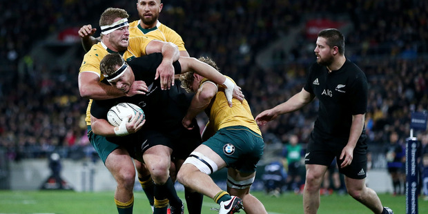 Wyatt Crockett on the charge during the Bledisloe Cup test at Wellington. Photo / Getty Images