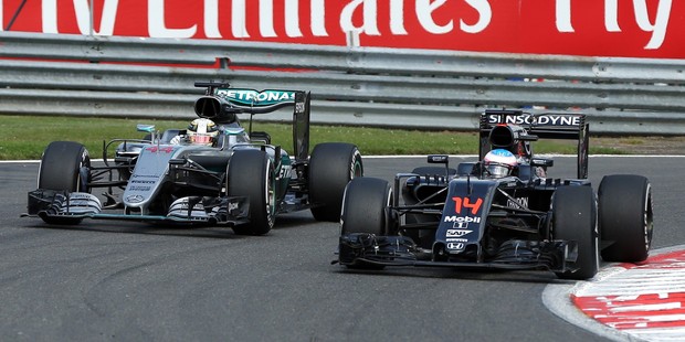 Lewis Hamilton and Fernando Alonso during the Belgian Formula One Grand Prix. Photo / Getty Images
