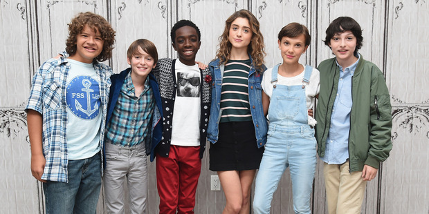 (L-R) Actors Gaten Matarazzo, Noah Schnapp, Caleb McLaughlin, Natalia Dyer, Millie Bobby Brown and Finn Wolfhard of Stranger Things. Photo / Getty