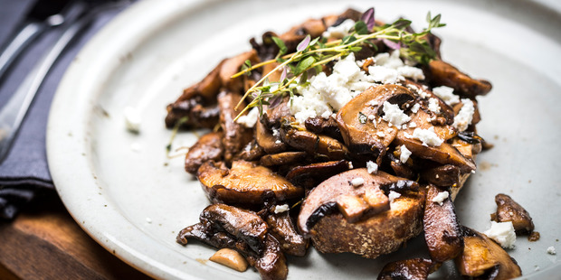Sage mushrooms on toast with goat's feta. Photo / Greg Bowker