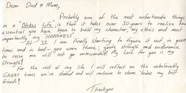 A supplied image of a touching letter from a 32-year-old Steve Irwin to his parents, which his father, Bob, only found in 2016. Photo / AAP