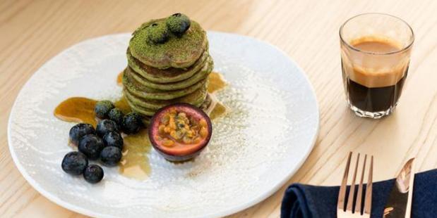 Pancakes and coffee at True Food and Yoga in Orakei.