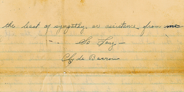 The last page of an April 1934 letter from Depression-era gangsters Bonnie and Clyde to a former member of their gang they felt had betrayed them. Photo / AP