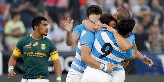 Argentina's Los Pumas players celebrate after defeating South Africa 26-24 at the end of a rugby championship match in Salta, Argentina. Photo / AP.