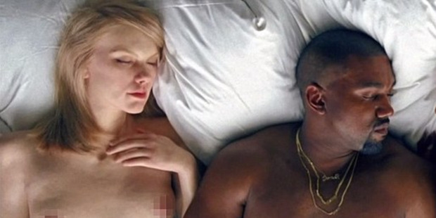 A still from Kanye West's video for the song Famous, which depicts West in bed with a number of celebrities including Taylor Swift.