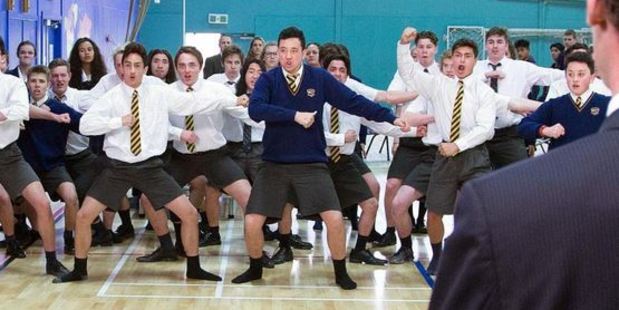 Pupils perform a haka during a special assembly yesterday.