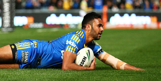 Bevan French of the Eels scores a try during the round 25 NRL match between the Parramatta Eels and the St George Illawarra Dragons. Photo / Getty