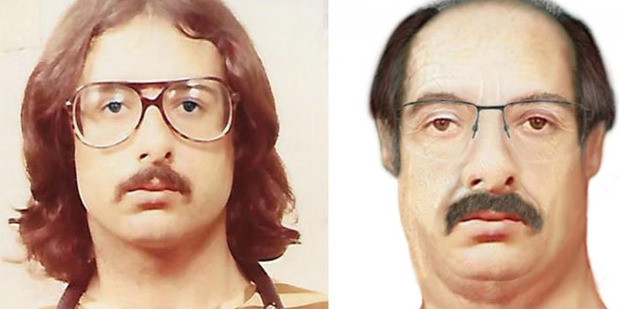 Wanted man John Kelly Gentry Jr. seen at left in an undated booking photo and in an age-progressed artist's depiction of him at age 63. Photo / Washington Post