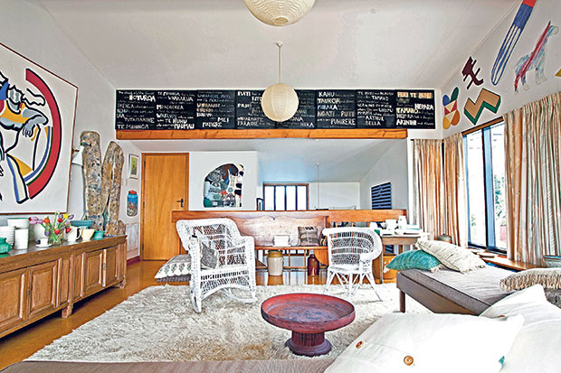 The upstairs lounge, home to McCahon's The Canoe Tainui and works by Ross Ritchie, Maria Olsen, L. Budd, Gordon Walters and Richard Killeen.