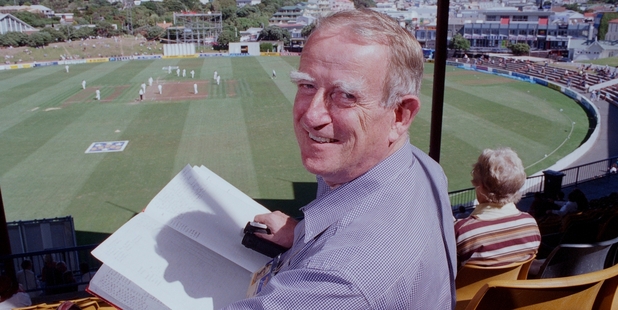 DJ Cameron, on duty at the Basin Reserve, wrote about sport for the Herald for 47 years. Picture / Mark Mitchell