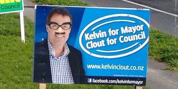 Mayoral and At Large candidate Kelvin Clout is one of many election candidates whose signs have been vandalised - although the only one to report the addition of Groucho glasses. Photo/supplied