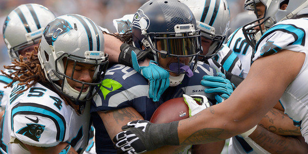 Marshawn Lynch runs the ball against the Carolina Panthers. Photo / Getty Images