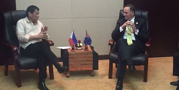John Key and Rodrigo Duterte talk drugs and human rights when they meet at the East Asia Summit. Photo / Twitter