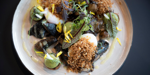 Bread gnocchi with poached eggs, mushrooms, herbed cream cheese, confit lemon and thyme. Photo / Michael Craig