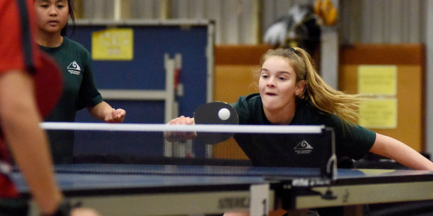 SILVER: (L-R) Marielle Dulangon and Ruby Barnes of Mount Maunganui Intermediate securing silver in the girl's table tennis doubles. PHOTO/GEORGE NOVAK