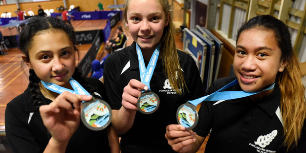 SILVER: (L-R) Marielle Dulangon and Ruby Barnes of Mount Maunganui Intermediate securing silver in the girl's table tennis doubles.