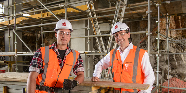 Fletcher CEO Mark Adamson (right) and apprentice carpenter Luke Thomas. Photo / Ted Baghurst
