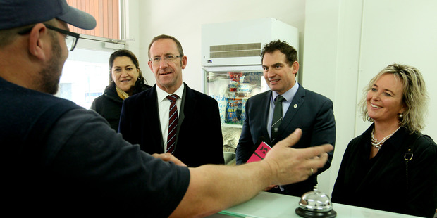 Ikaroa Rawhiti Labour MP Meka Whaitiri (left), Labour Party leader Andrew Little, Napier Labour MP Stuart Nash and Labour candidate for Tukituki Anna Lorck talk to Paul Greaney of The Village Butcher (back to camera), Havelock North during Little's visit to Hawke's Bay. Photo / Warren Buckland