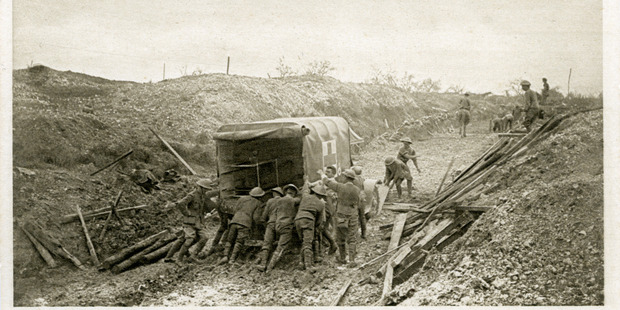 Somme Mud. A postcard sent home by Captain Norman Prior shows soldiers assisting an ambulance, a common scene on the Western Front. Wairarapa Archive 11-72/3-10 WAG 15Jan16