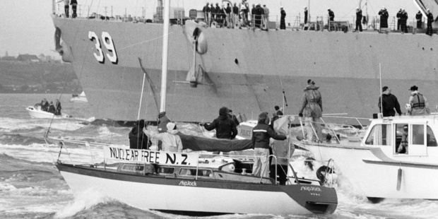 The USS Texas entering Auckland harbour surrounded by protestors. Photo / Supplied