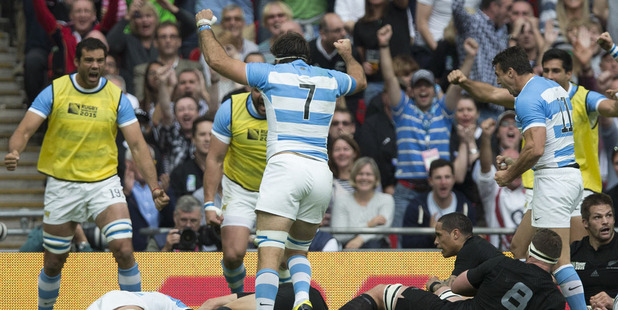 Argentina scores the first try against the All Blacks during the Pool C match at the 2015 Rugby World Cup. Photo / Brett Phibbs