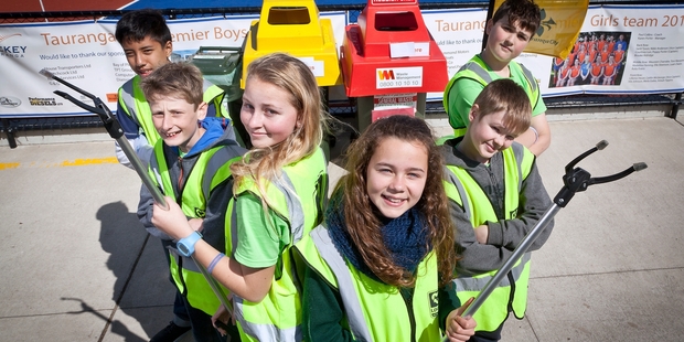 ENVIRO CHAMPIONS: Green Team ambassadors Siddhartha Gurung, Luka Matic, Alyssa Gaensicke, Kobe Howitt, David Browett, and Nina Miedema at AIMS Games.PHOTO/ANDREW WARNER