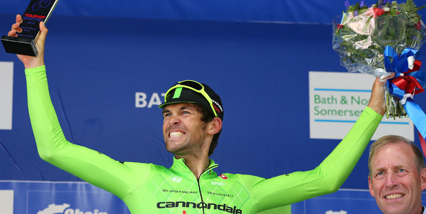 Kiwi rider Jack Bauer celebrates after winning stage five of the Tour of Britain. Photo / Getty