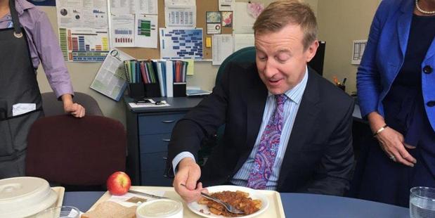 Jonathan Coleman sampled some of Compass Group's food at hastily arranged luncheon back in April, after numerous complaints about the quality of food. Photo / Twitter