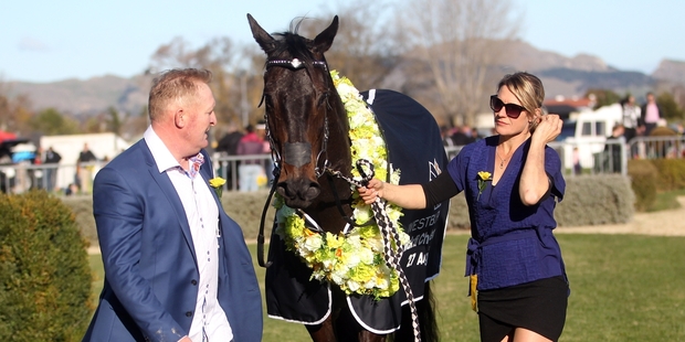 Allan Sharrock inspects tomorrow's hot Hastings favourite Kawi, being held by Emma Davies, after his win in the Makfi Stakes last month. Picture / Paul Taylor