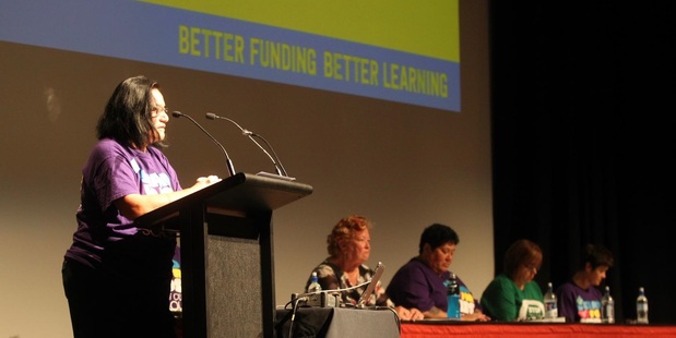 NO GO: Jude Karaitiana speaks at this morning's teachers' meeting in Napier to protest the Government's new funding proposal. PHOTO DUNCAN BROWN