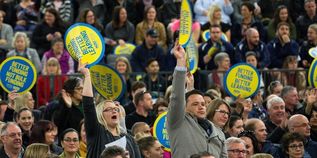 Teachers protesting at Monday's meeting. Photo / Peter Drury.