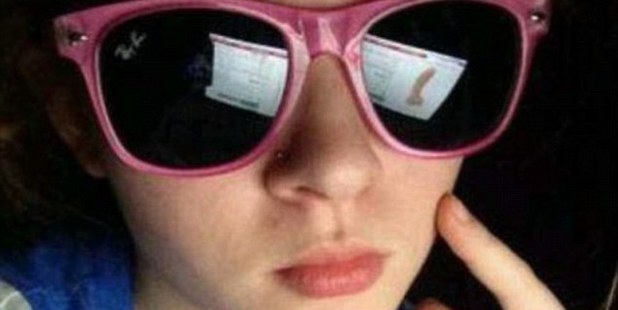 This poser didn't realise that her intimate Google searches were being made available for the world to see in her sunglasses reflection. Photo / Imgur