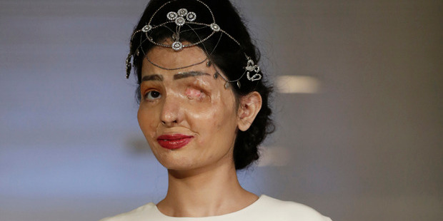 Model and acid attack victim Reshma Qurishi models the Archana Kochhar collection during Fashion Week in New York. Photo / AP