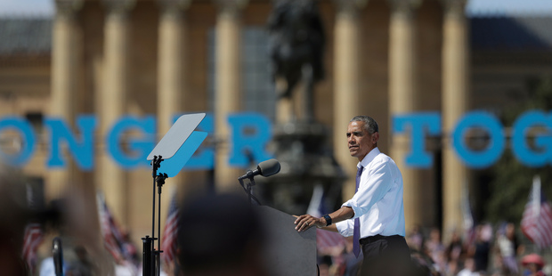 President Barack Obama at campaign event for Democratic presidential candidate Hillary Clinton, yesterday in Philadelphia. Photo / AP