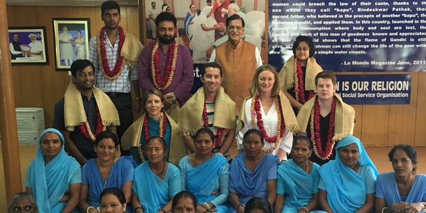 New Zealand journalists with former manual scavengers, freed by Dr Bindeshwar Pathak from a life of collecting human waste from people's homes and carrying it in baskets on their heads.