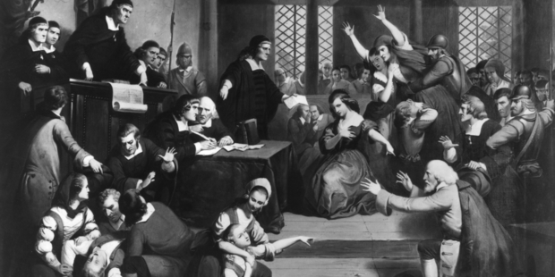 Circa 1692, The trial of George Jacobs for witchcraft at the Essex Institute in Salem, Massachusetts. Photo / Getty