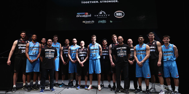 The New Zealand Breakers pose for a team photo during the season launch. Photo / Getty Images